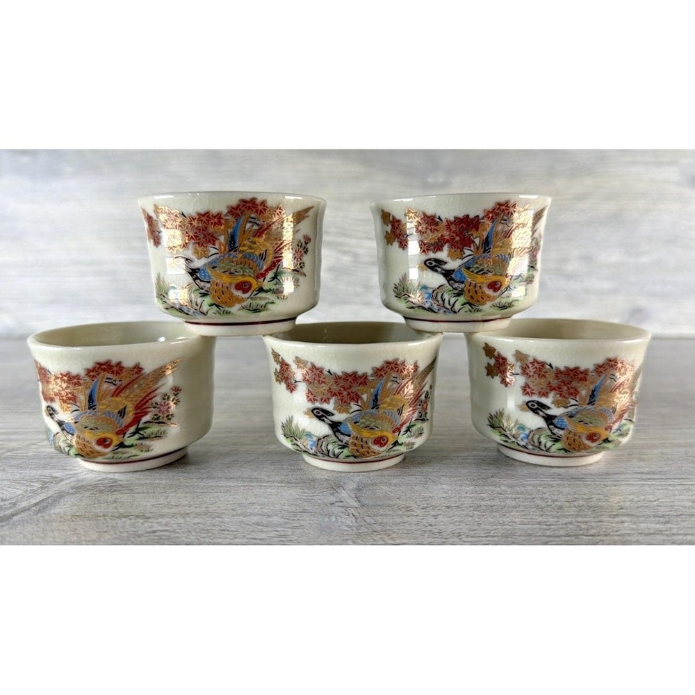 5 Asian Floral Pheasant Design Ceramic Sake Cups Set OMC Otagiri Japan Vintage
